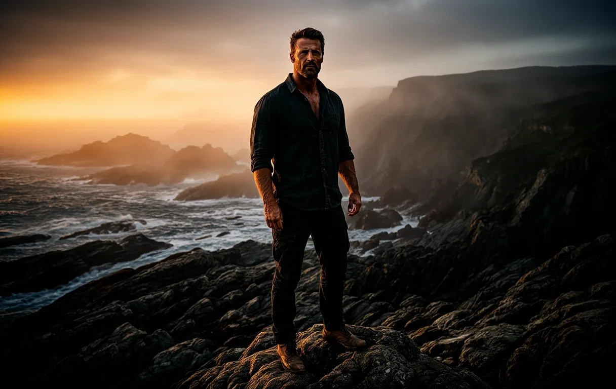 Hombre frente al mar al amanecer